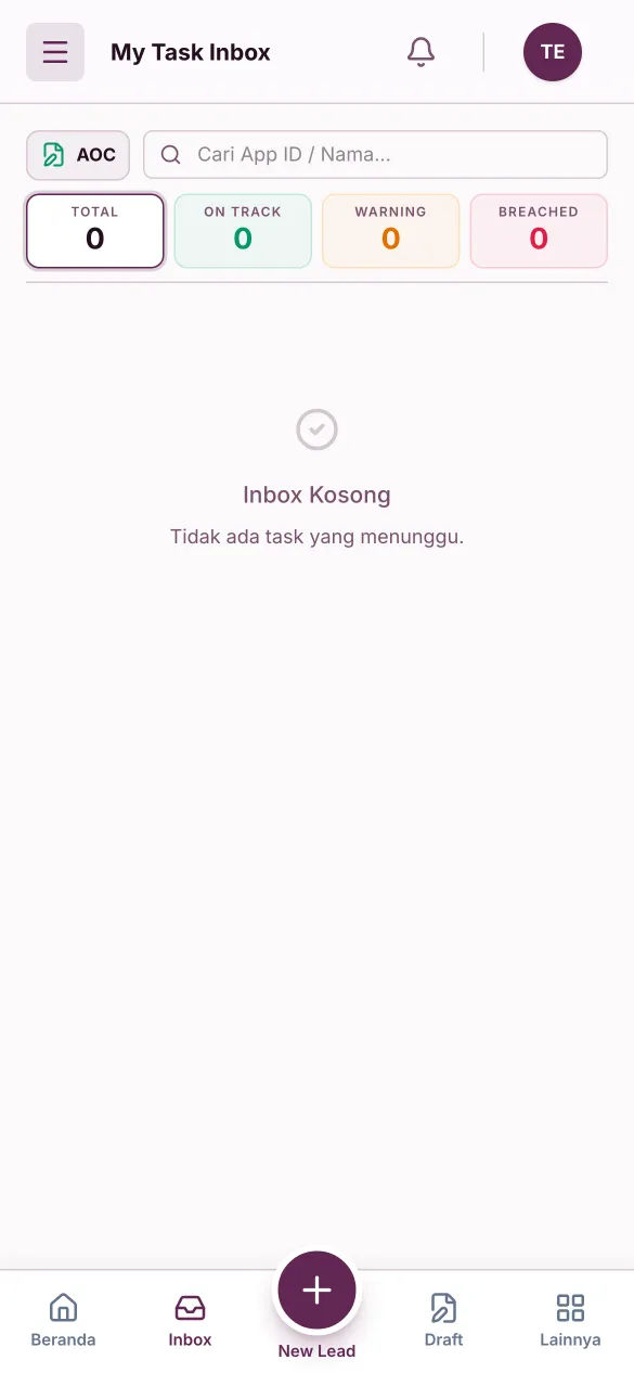 Layar Inbox tugas di aplikasi AO iLOS