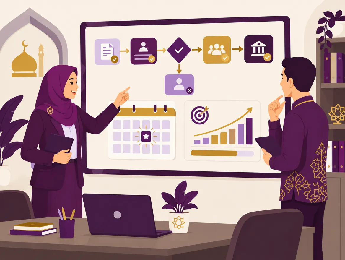 Ilustrasi pegawai bank menyusun alur persetujuan dan target di layar