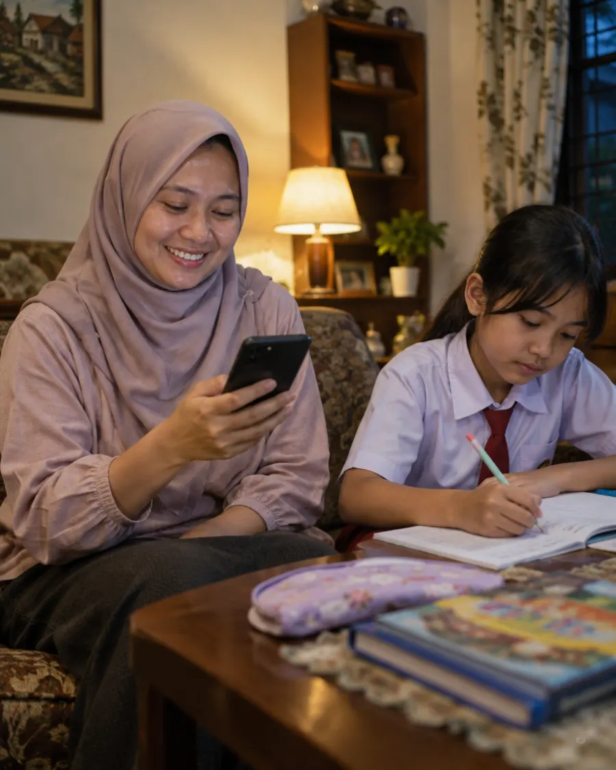 Orang tua membayar tagihan sekolah dari HP