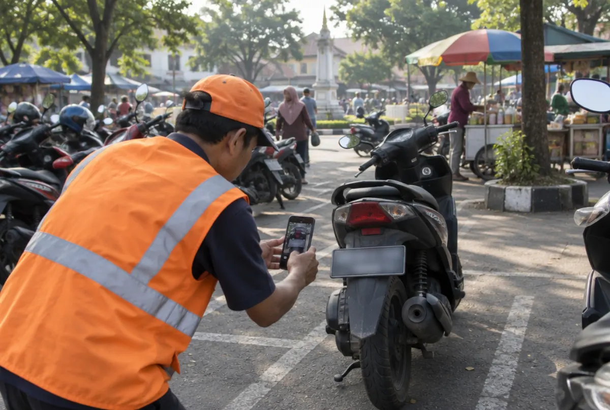 Petugas parkir menerima pembayaran QRIS