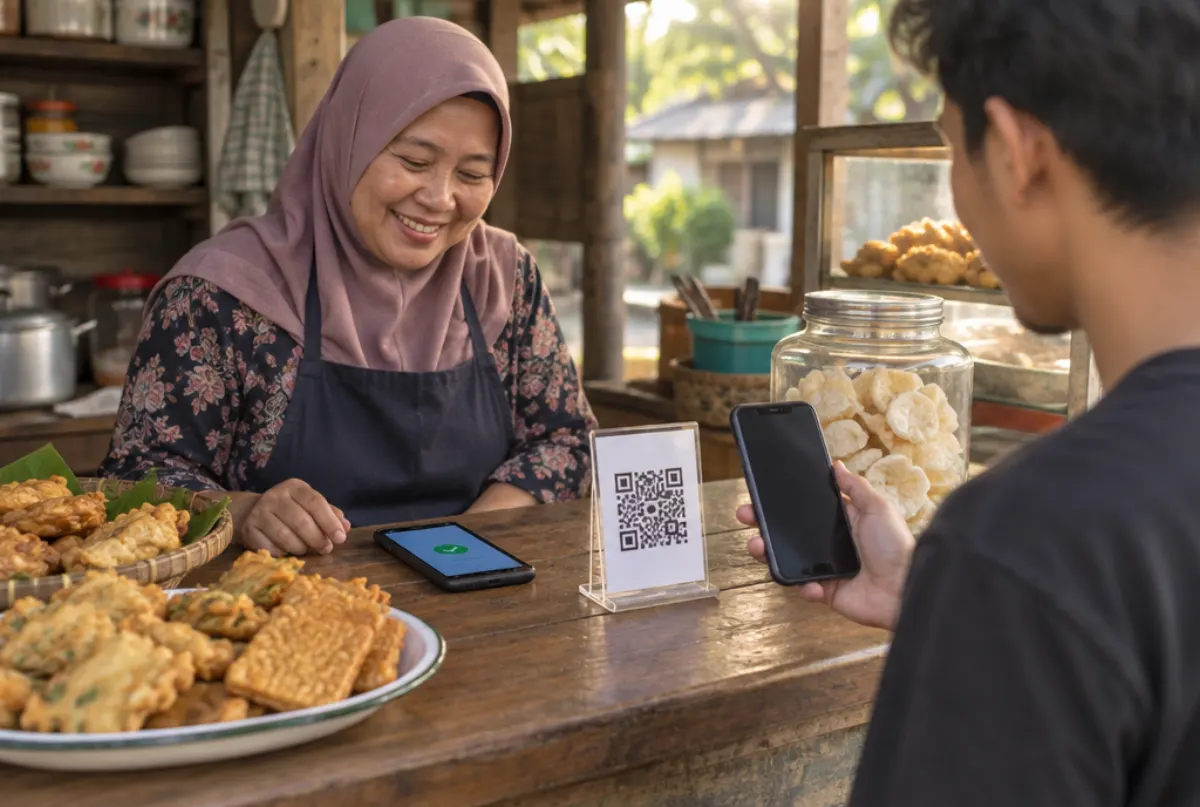 Pembeli membayar dengan QRIS di warung